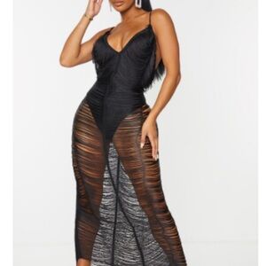 PrettyLittleThing Black Sheer Fringe Maxi Dress